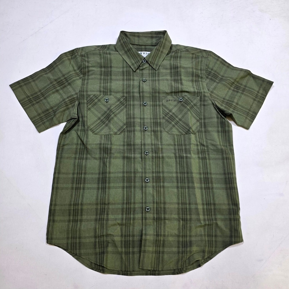 Orvis Button Down Shirt Mens Medium Green Plaid Short Sleeve Hiking Outdoor Top